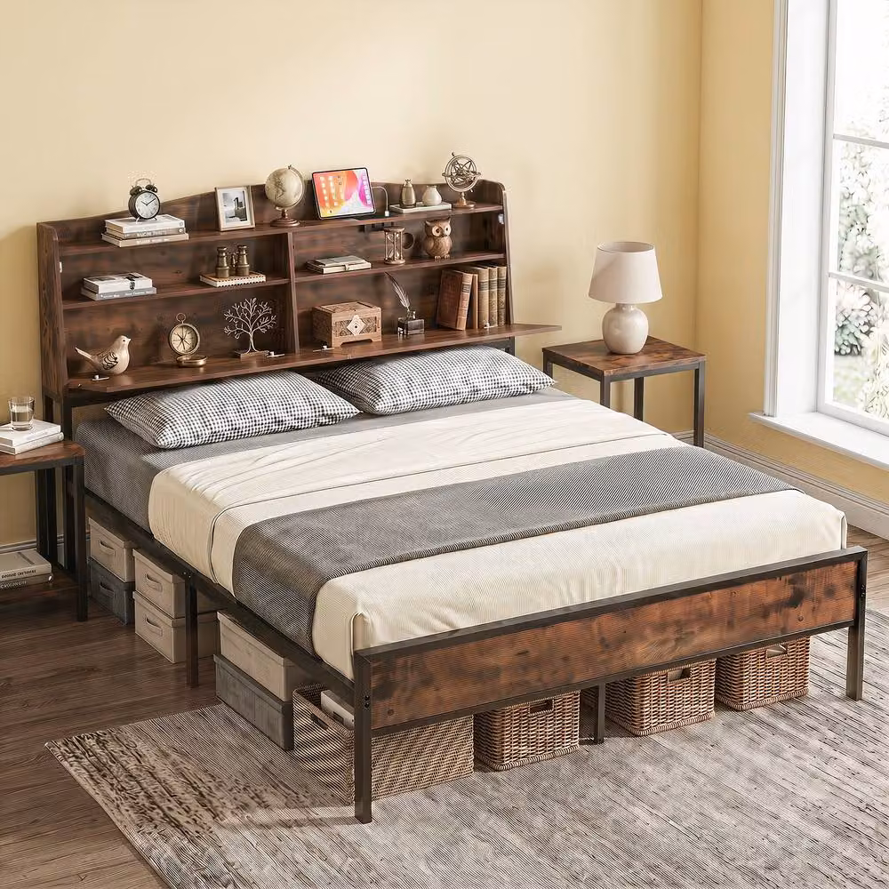 Costway King Size Industrial Metal Platform Bed Frame with USB Charging Station and Side Compartments, Brown, W/D/H: 180 x 200 cm – 8