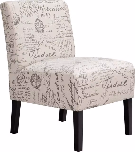 Yaheetech Modern Armless Fabric Side Chair with Abstract Letter Print and Solid Rubberwood Legs in White and Beige