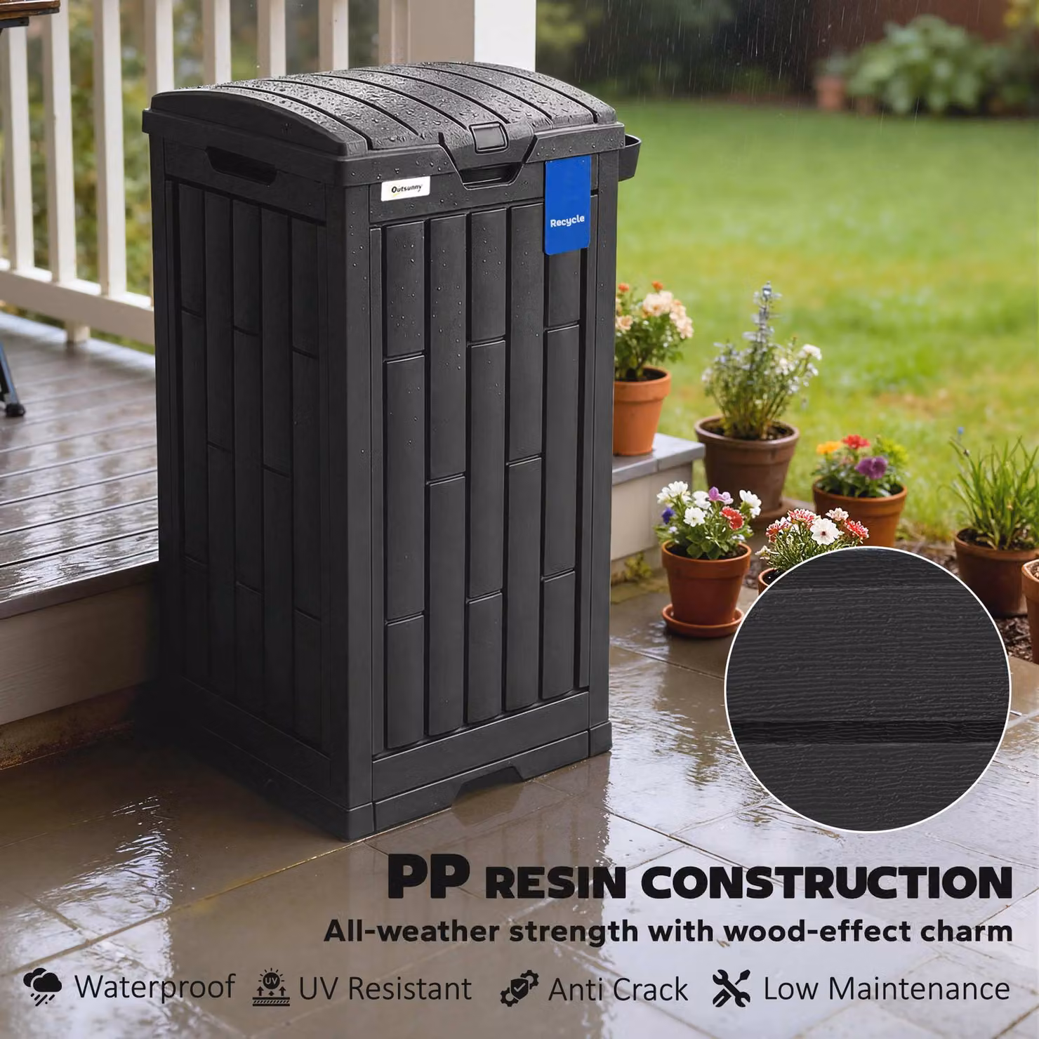 Outsunny 110 L Outdoor Plastic Bin with Dual Lid and Ashtray, Black – 8