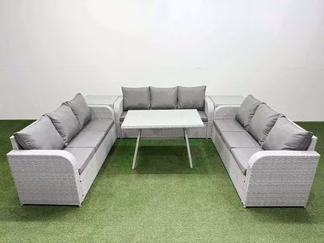 Fimous 9 Seat Outdoor Rattan Garden Furniture Set with 2 Side Tables in Light Grey