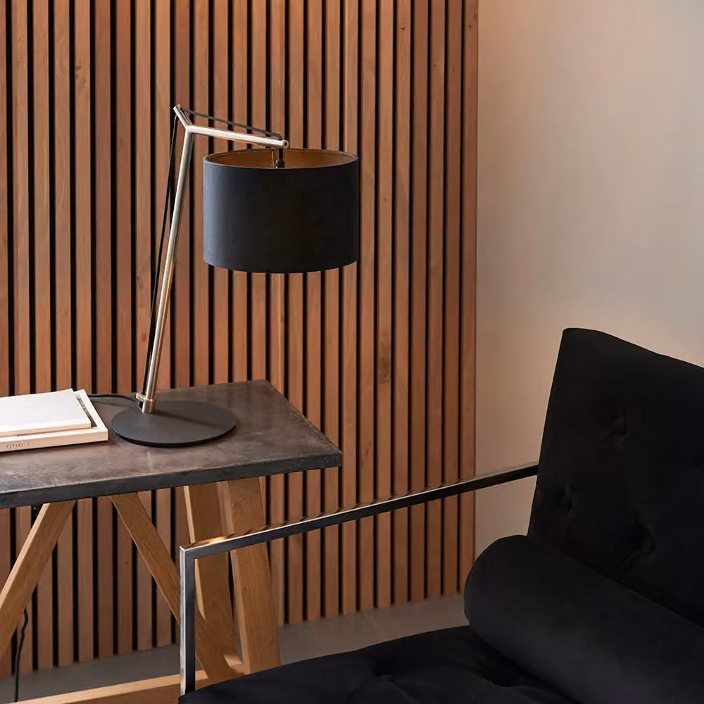 Loops Nickel Plated Angular Table Lamp with Black Base and Fabric Shade in Silver and Black – 2