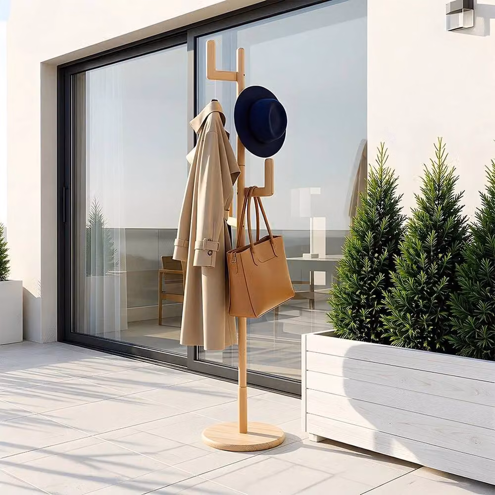 VOGREX Wooden Tree Coat Stand with Hooks in Natural Sand Rubberwood, Height: 173.0 cm, Width: 35.0 cm – 4