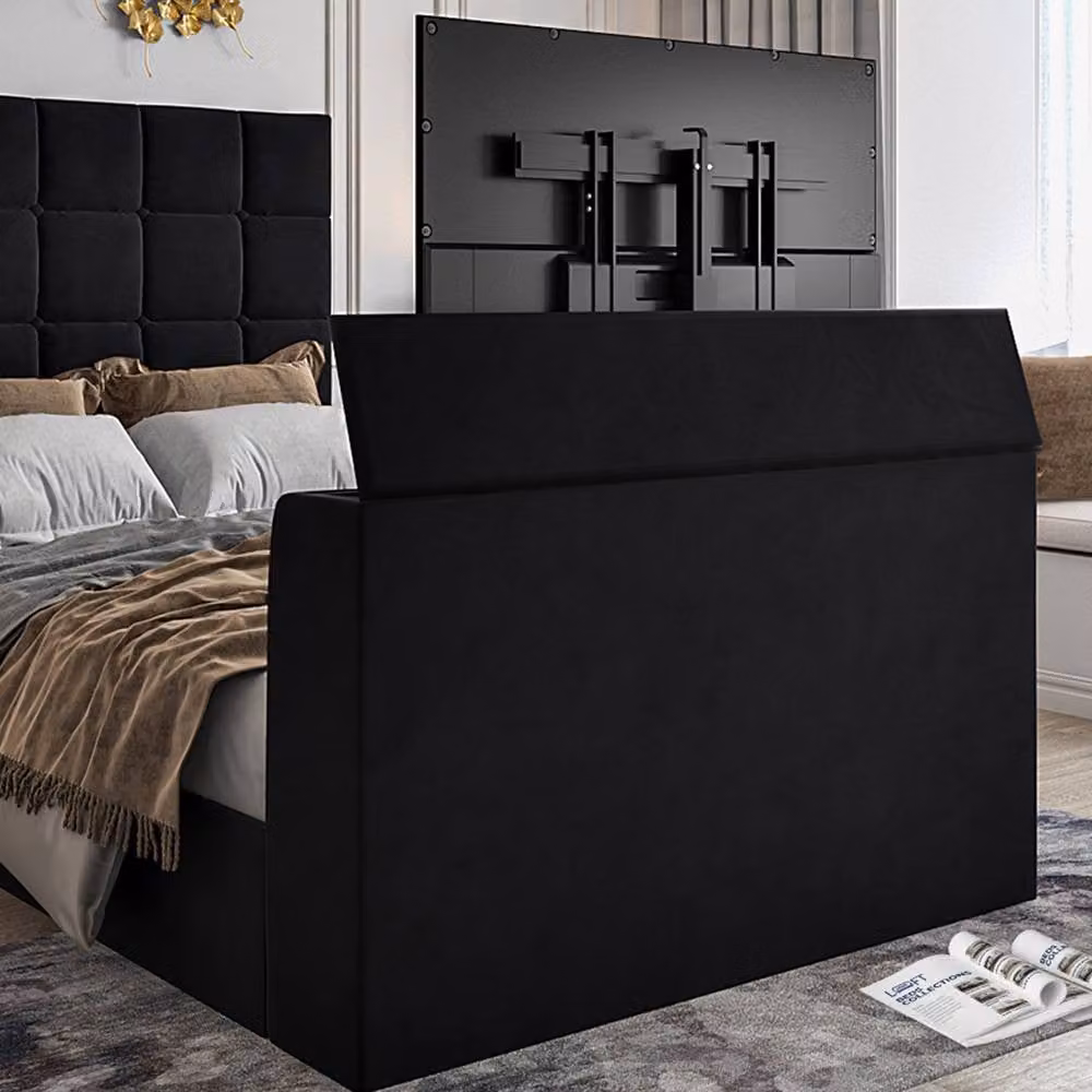 KDMD Allostock Upholstered Black Velvet TV Bed Frame, Single, W: 90 cm, D: 190 cm – 4