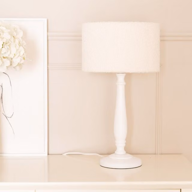 ValueLights Victoria Candlestick White Wood Table Lamp with Cream Boucle Drum Shade