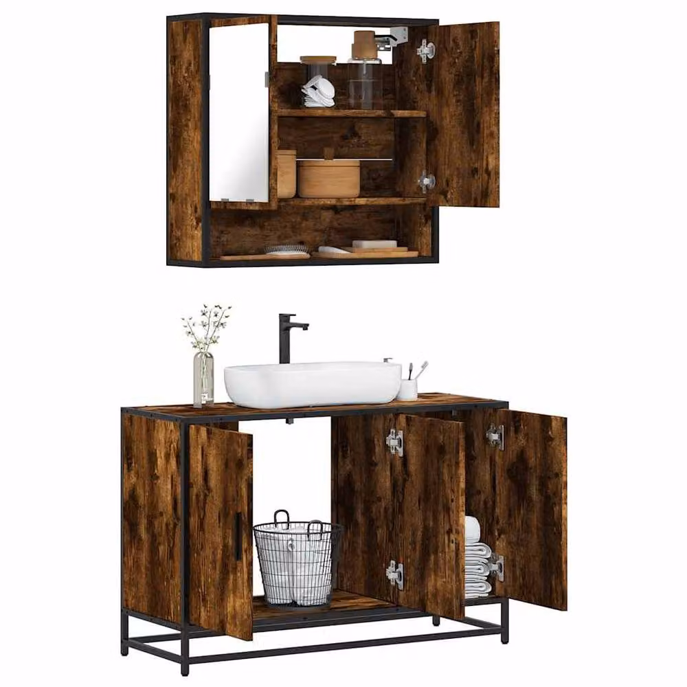 Berkfield Home 2 Piece Industrial Bathroom Furniture Set with Vanity Unit and Mirror Cabinet in Smoked Oak Brown – 2