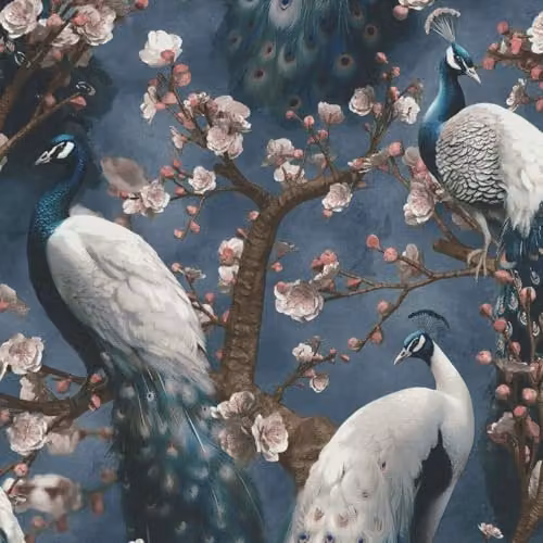 Erismann Abode Play of Light Peacock Navy Wallpaper, Art Nouveau Animal Design in Blue, Brown and Pink, Non-Woven Vinyl Roll