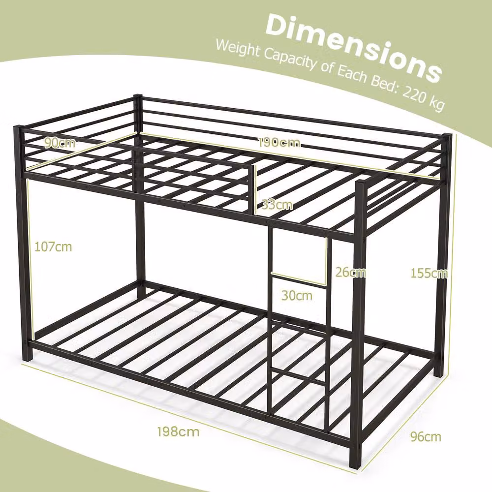 Costway Single Metal Bunk Bed Frame with Ladder and Full-length Guardrails in Black, 90 x 190 cm – 2