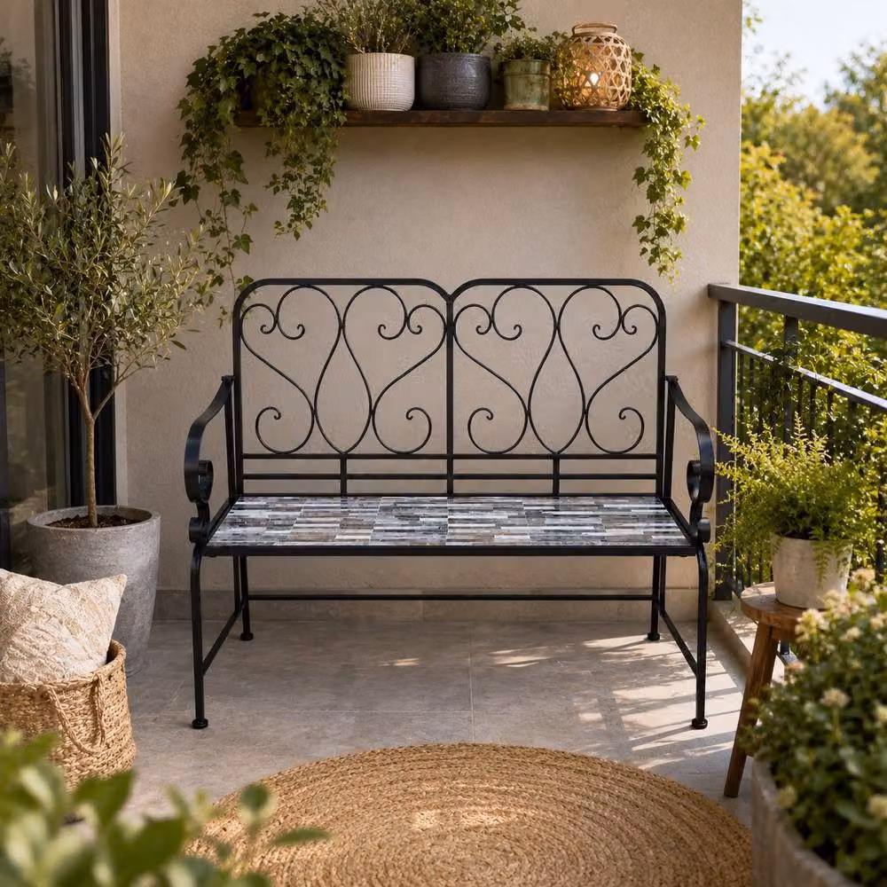 Shatchi Oasis Mediterranean Mosaic 2 Seater Garden Bench in Multicolour Metal and Ceramic Tile, W: 112 cm, H: 96 cm, D: 47 cm – 4