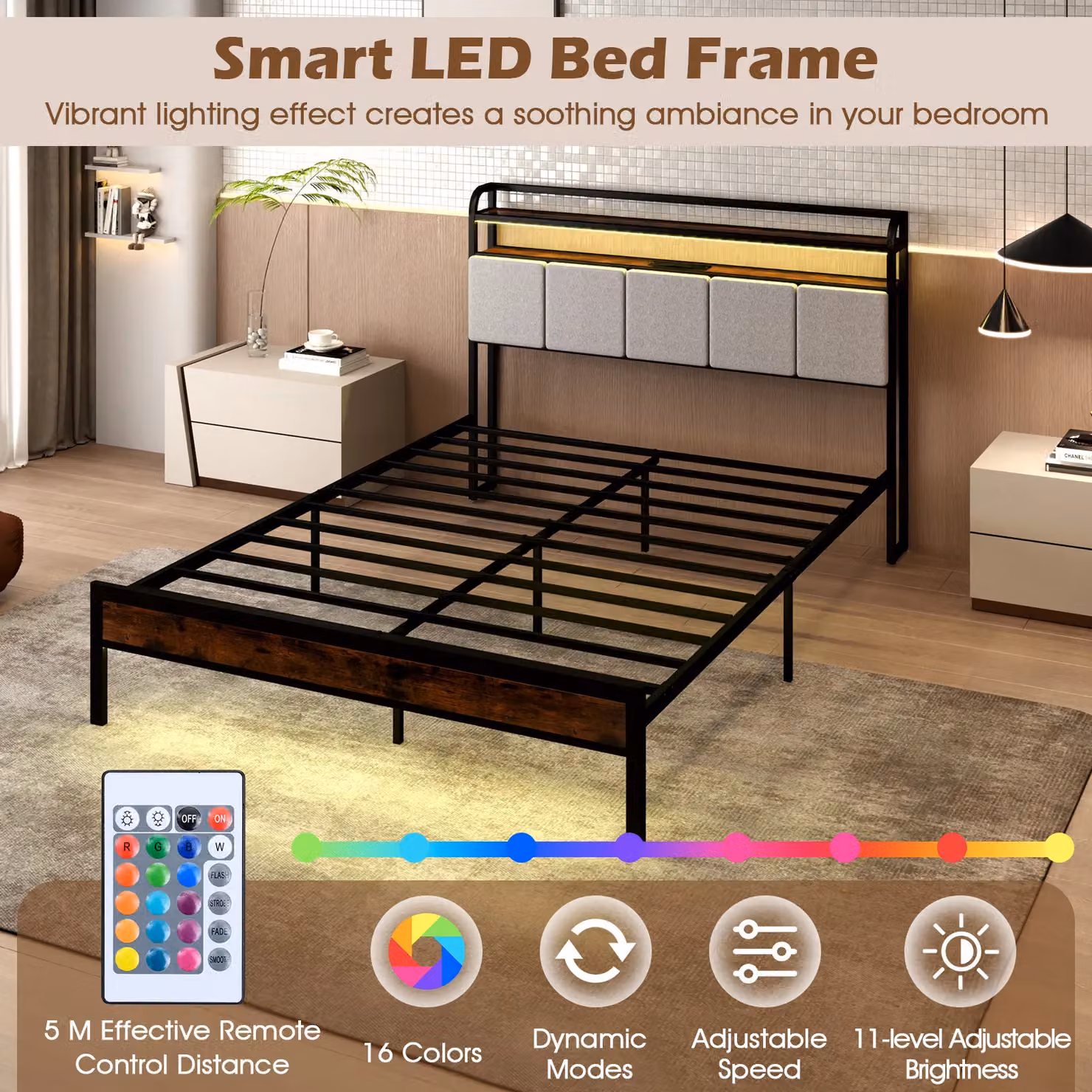 Gymax King Bed Frame with LED Lighting, USB Charging Station and Side Compartments, Black Upholstered Platform Bed, W/D/H: 180 x 200 cm – 3