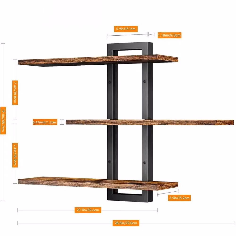 KORVIXA 3-Tier Brown Wooden Floating Shelves with Industrial Metal Wall Mount – 2