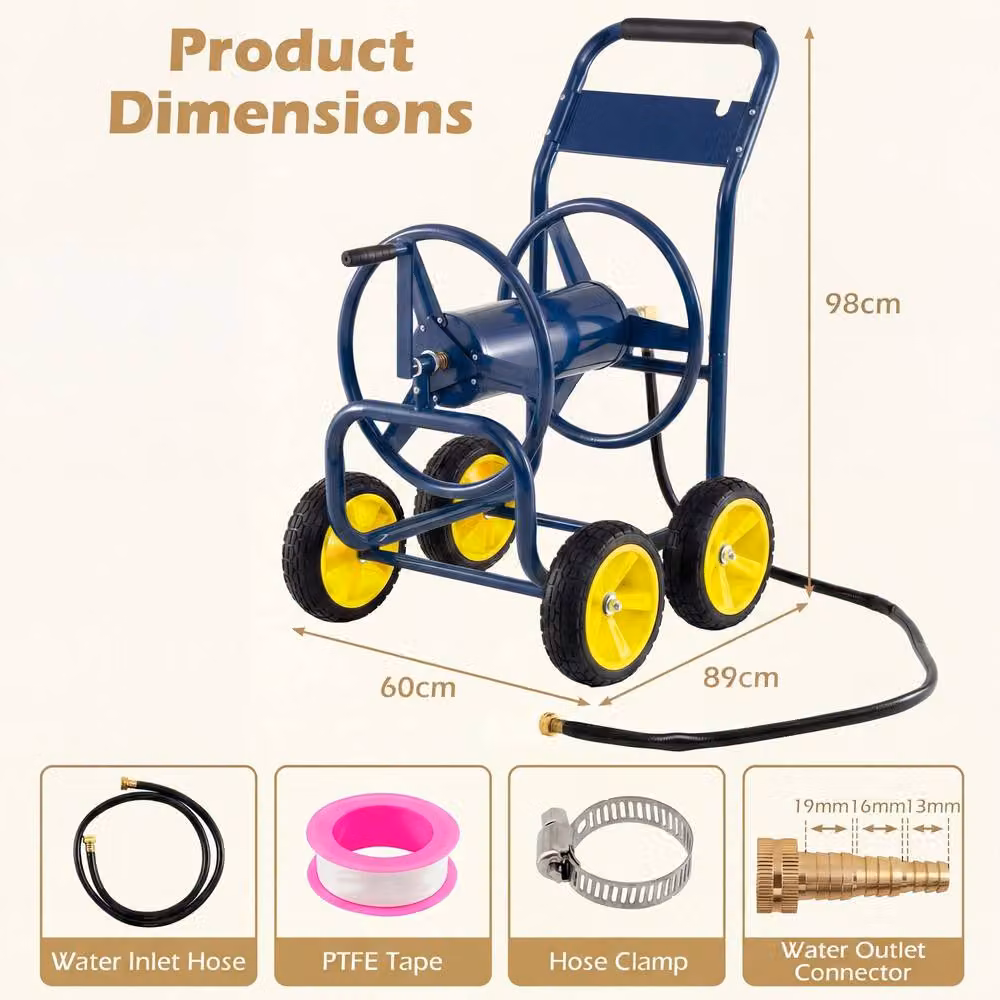 Costway 4-Wheel Garden Hose Reel Cart, Powder-Coated Metal Water Hose Organiser in Blue – 3