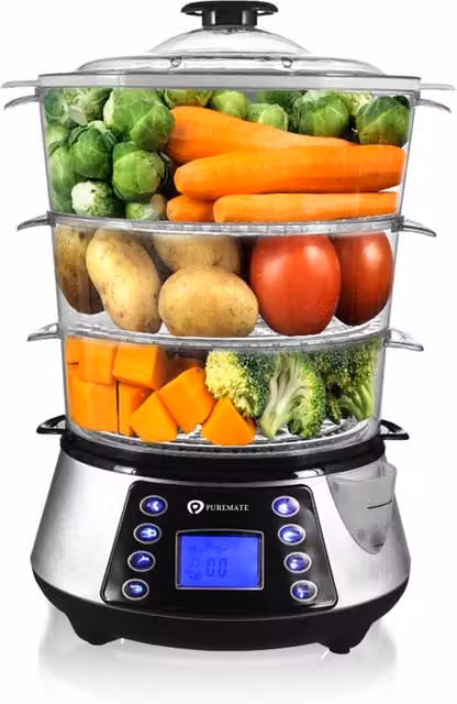 PureMate NaturoPure 3 Tier Electric Food Steamer in Silver, 11.5L Capacity with 800W Power, 6 Preset Cooking Modes and Digital Timer