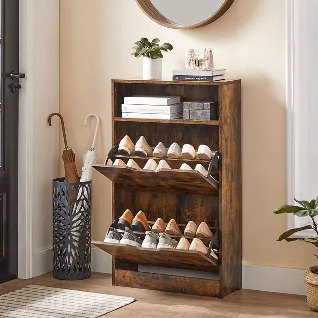 VASAGLE Industrial Shoe Cabinet in Brown with Tilting Compartments and Open Top Shelf – 1
