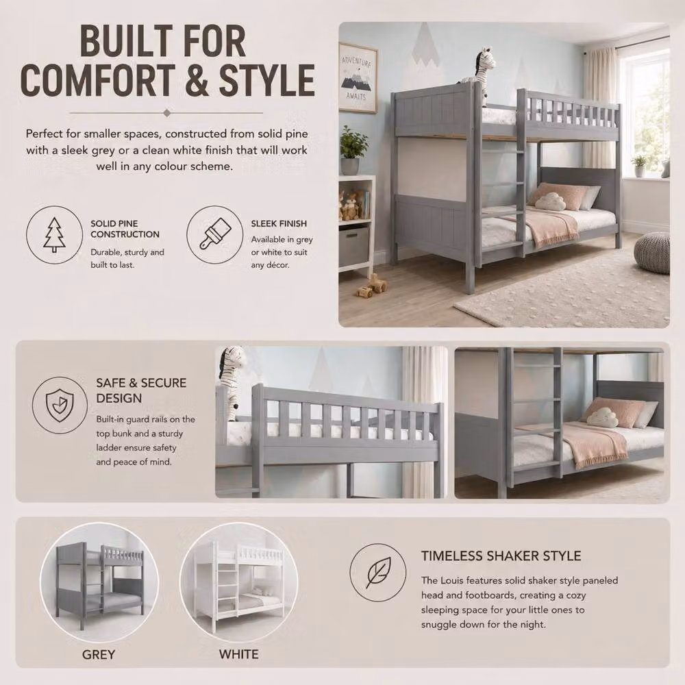 Stratus Interiors Louis Solid Wood Bunk Bed Frame with Stairs in Grey and White – 2