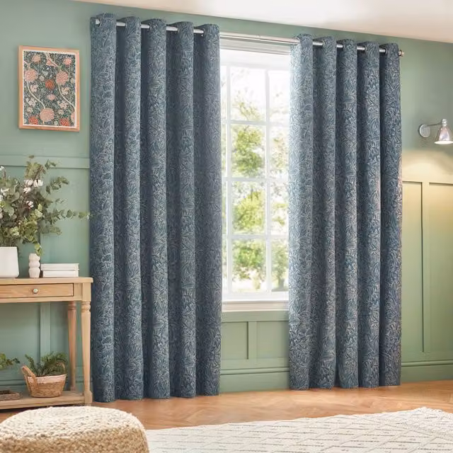 Grantley Set of 2 Wedgewood Blue Floral Jacquard Eyelet Curtains, W: 137 cm, H: 229 cm