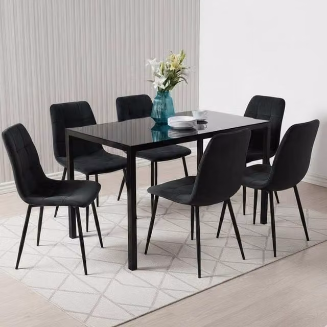 Kosy Koala Modern Dining Set with Rectangular Glass Table and 6 Black Velvet Chairs