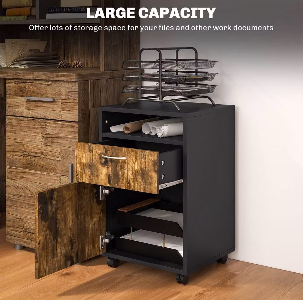 STILVORA Rustic Brown Filing Cabinet with Drawer and Castors – 4