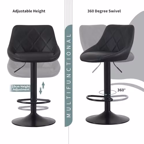 mcc direct Stanley Set of 2 Black Faux Leather Swivel Bar Stools with Backrest and Metal Base – 6