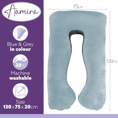 Aamira U Shaped Memory Foam Pregnancy Pillow in Blue and Grey Velvet – 3