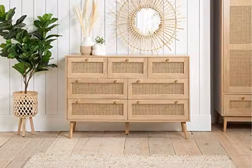 Birlea Croxley Mid Century Modern 7 Drawer Chest of Drawers in Oak and Rattan, W: 120 cm, D: 40 cm, H: 80 cm – 2