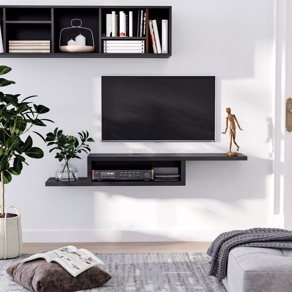 Wyld Haus Mika Mael Black Wall Mounted Floating TV Unit with Open Shelving, W: 152.4 cm, H: 29.8 cm, D: 21.0 cm – 6
