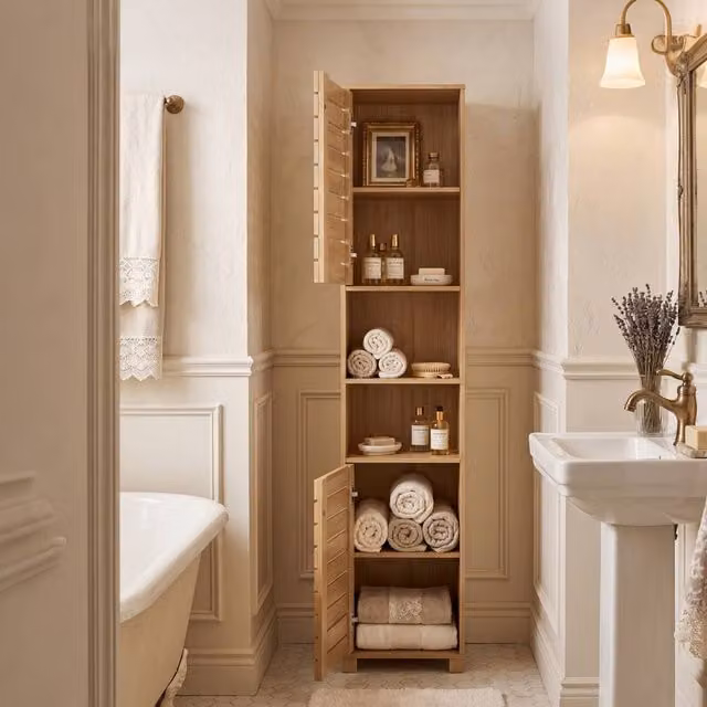 Levede Modern Brown Oak Freestanding Bathroom and Hallway Storage Cabinet with Adjustable Internal Shelves and Hinged Doors