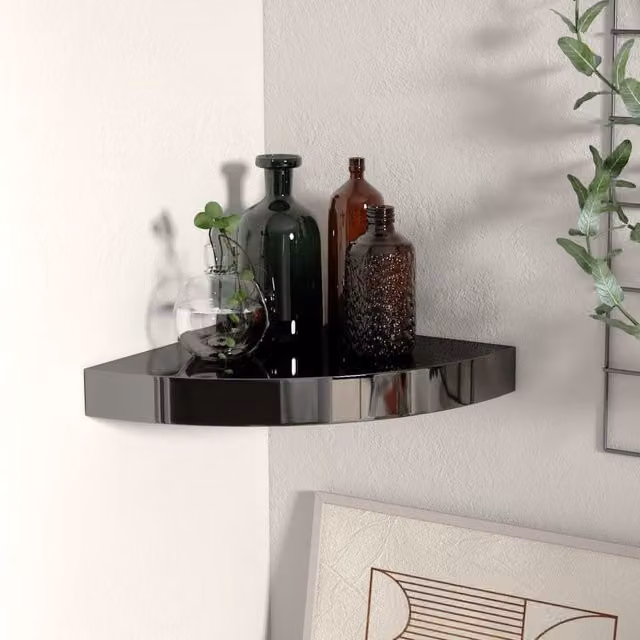 Berkfield Home Floating Corner Shelf in High Gloss Black, W/D/H: 25 x 25 x 3.8 cm