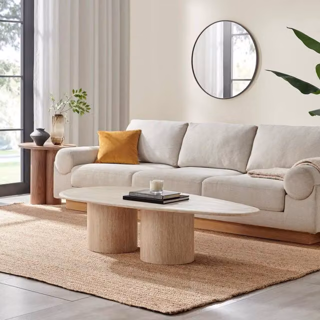 FurnitureboxUK Sutton Oval Coffee Table in Beige Travertine Stone Veneer