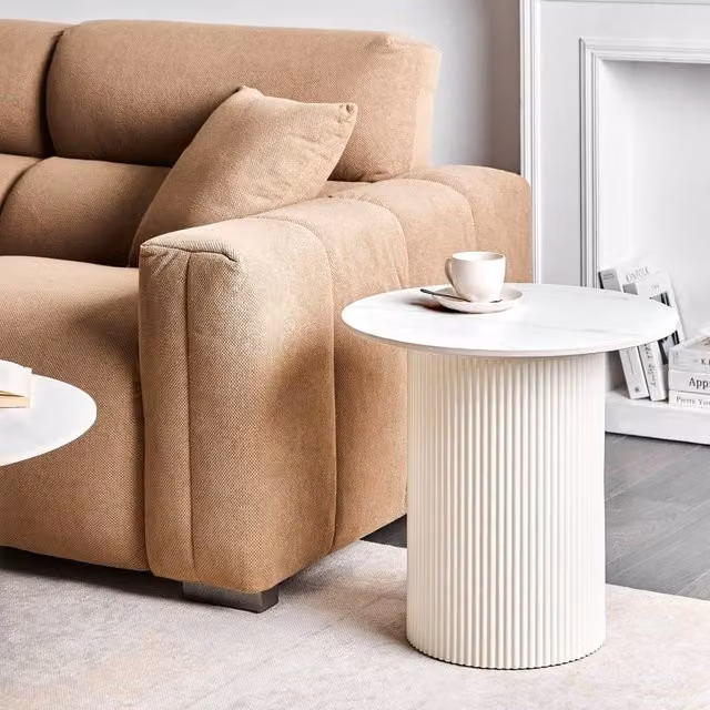 Wyld and Coco Noble Living Round Side Table with Beige Sintered Stone Top and Ribbed Base, Diameter: 50 cm