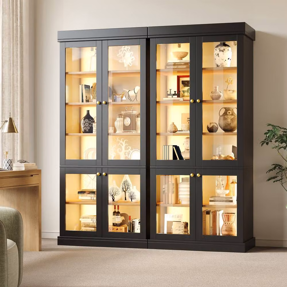 Merax Modern Tall Glass Display Cabinet with Integrated Lighting in Black, H 180 x W 40 x D 50 cm – 3