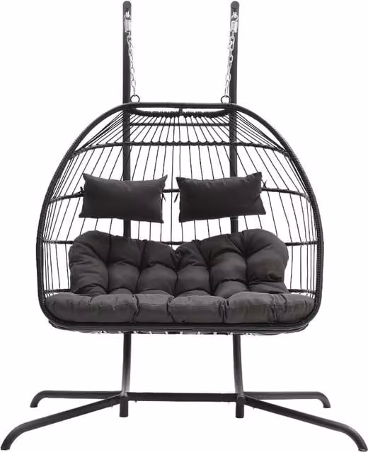 Darphe Double Seater Garden Hanging Chair with Four Leg Base and Weatherproof Cushions in Black