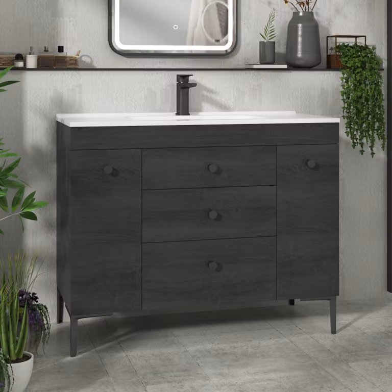 Royal Bathrooms Verona 1000mm Black Woodgrain Floor Standing Vanity Unit with 3 Drawers, Dual Side Pull Out Storage and Ceramic Basin