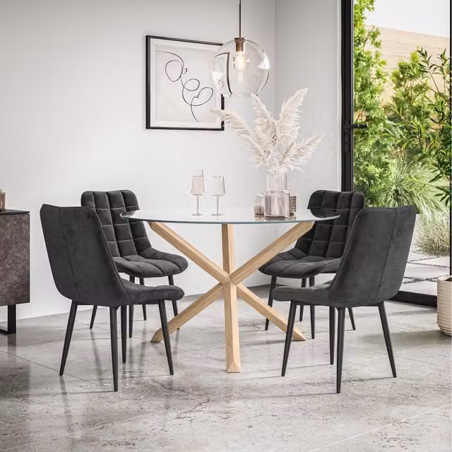 More4Homes Malvern Round Glass Dining Table Set with Oak Legs and 4 Black Nova Velvet Chairs, Diameter: 120 cm, Height: 75 cm