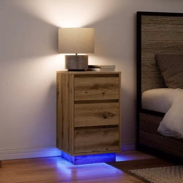 Berkfield Home Bedside Cabinet with Integrated LED Lights in Artisan Oak, W/D/H: 38 x 34 x 65 cm
