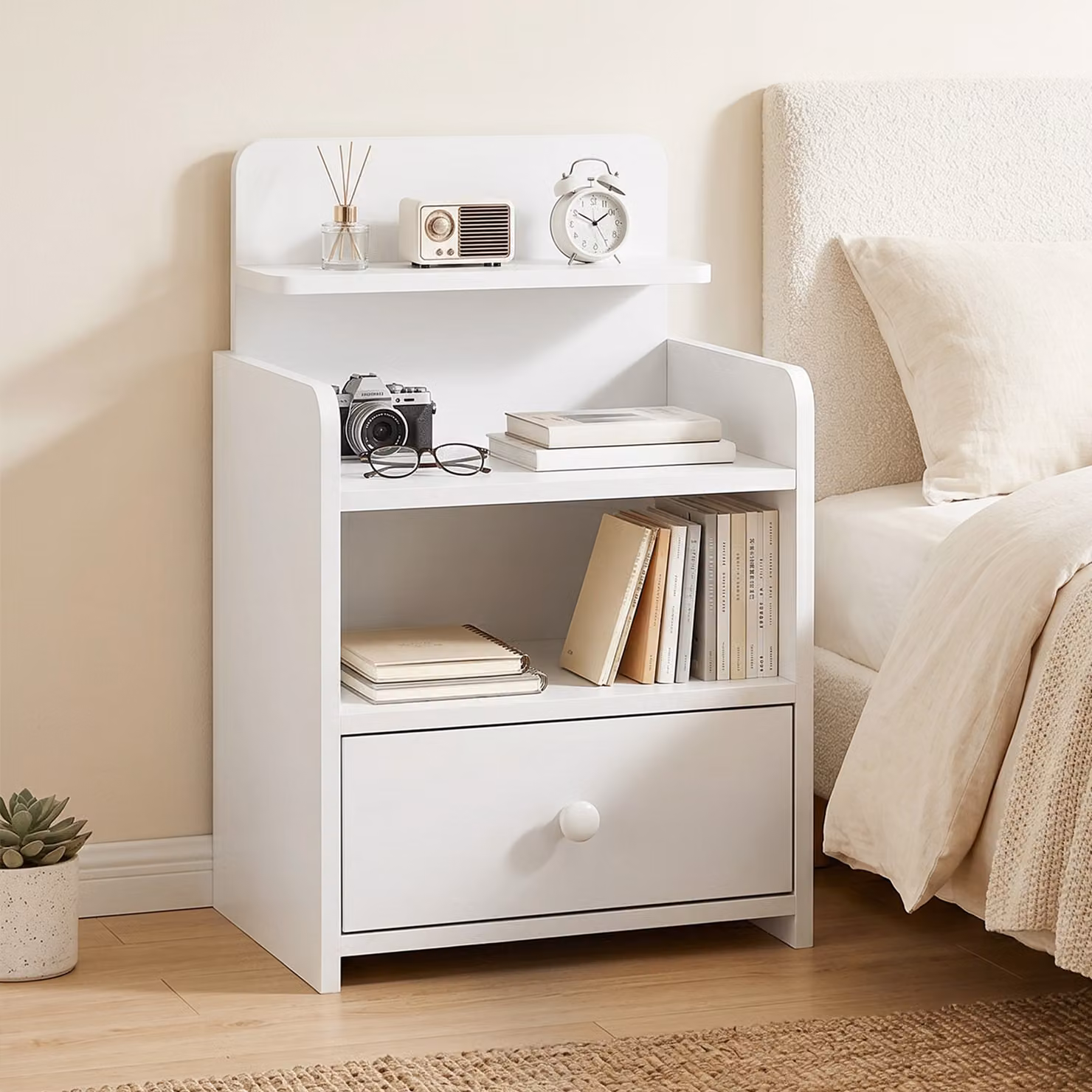 HOMCOM White Bedside Cabinet with Drawer and Shelf for Bedroom or Living Room – 2