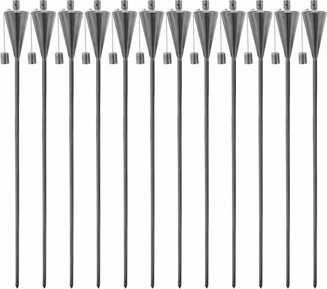 Harbour Housewares Metal Cone Garden Torches with Ground Spike, Silver, Pack of 12