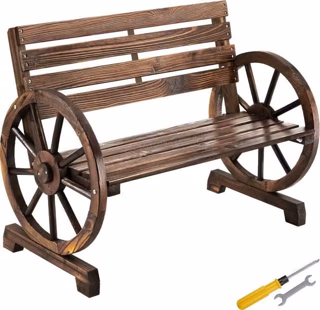 tectake Howdy Wagon Wheel Design 2 Seater Garden Bench in Brown Flamed Solid Wood