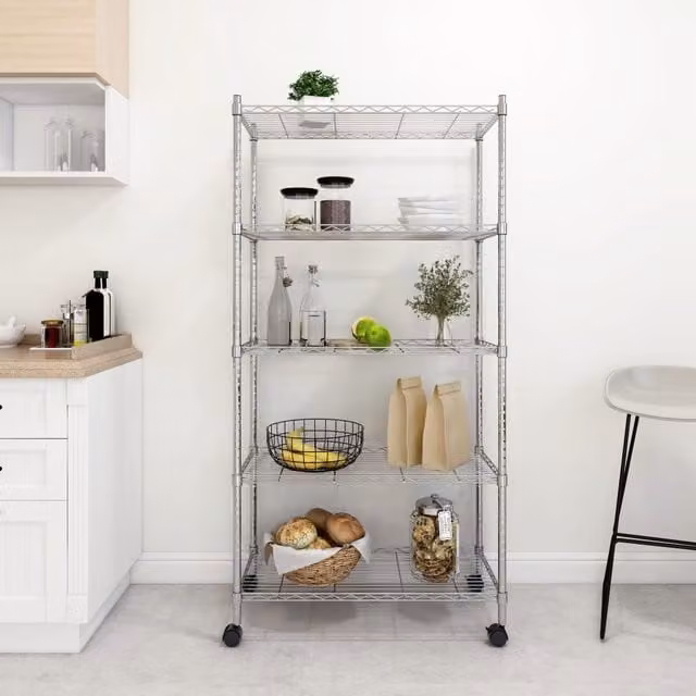 Berkfield Home 5-Tier Metal Storage Shelf with Wheels in Silver, W/D/H: 75 x 35 x 155 cm