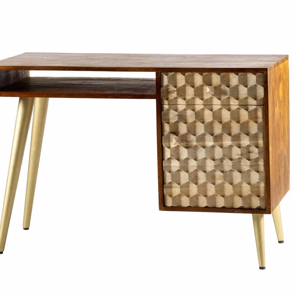 Wyld Haus Beijing Mango Wood Writing Desk with 1 Drawer and 1 Door in Brown and Gold with Geometric Pattern W/D/H: 117 x 58 x 78 cm – 2