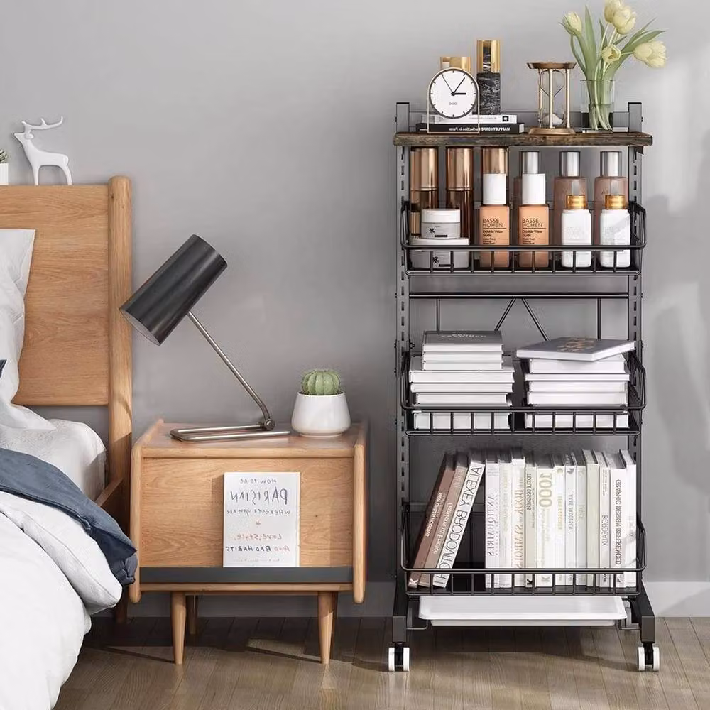 KORVIXA 5 Tier Black Metal Kitchen Storage Vegetable Trolley Cart with Adjustable Shelves – 5