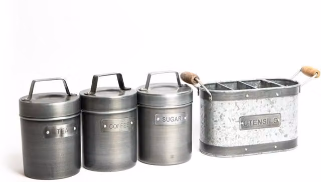 KitchenCraft Industrial Kitchen 4-Piece Storage Set in Silver and Multicolour with Galvanised Steel Utensil Holder and Metal Tea, Coffee and Sugar Canisters – 1