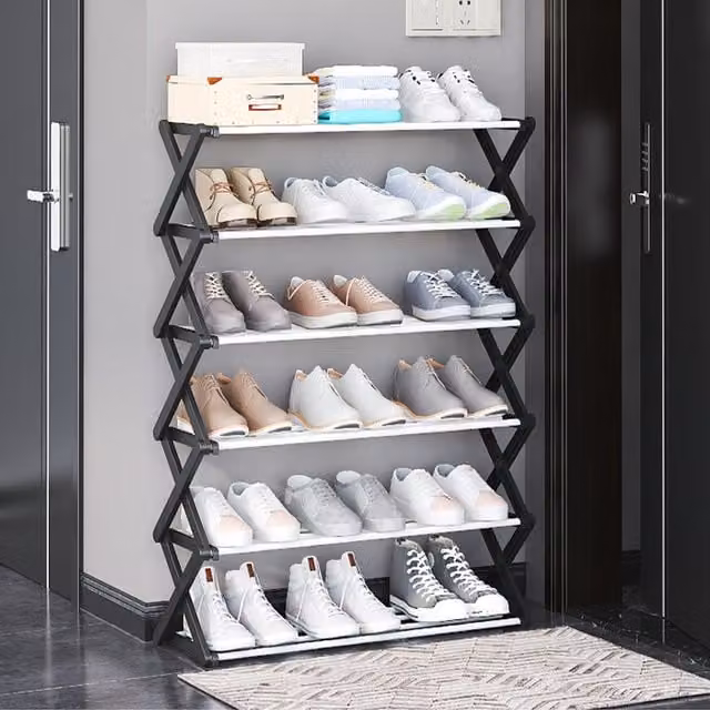 Livingandhome Foldable Metal Multi-Tier Shoe Rack in Black, Height: 87.8 cm