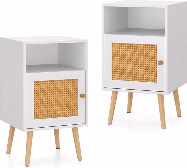 COSTWAY Set of 2 White Rattan Bedside Tables with Scandinavian Geometric Design
