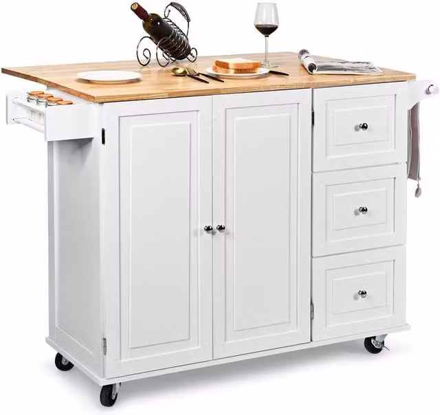 Gymax White Kitchen Trolley Cart Rolling Island with Cabinet and 3 Drawers made of Rubberwood
