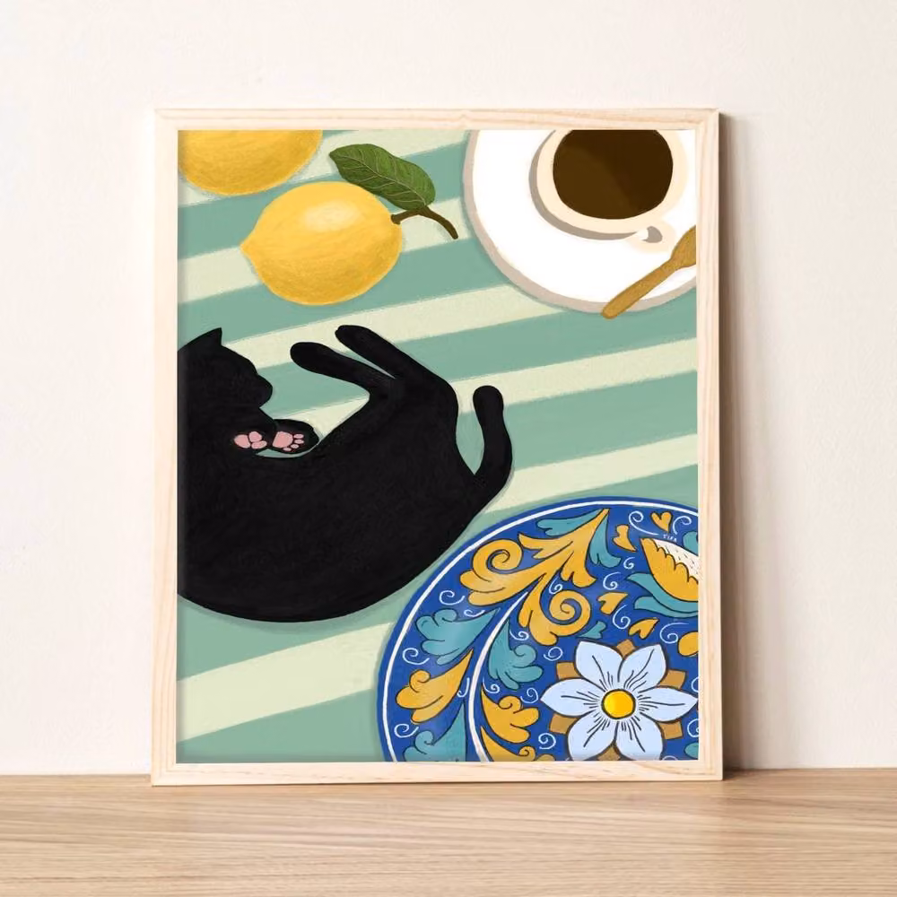 The Paper Tail Coffee and Lemons Black Cat Art Print, Multicolour, Size: 14.8 x 14.8 cm – 2