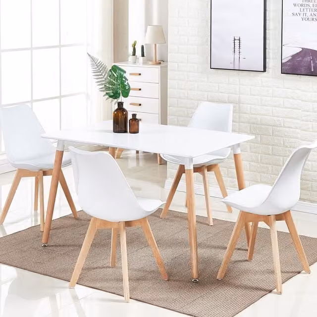 Life Interiors Lorenzo Halo Dining Set with Rectangular Table and 4 White Tulip Chairs with Padded Seats