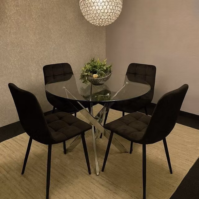 KOSY KOALA Round Glass Dining Table and 4 Black Velvet Chairs Set in Brown