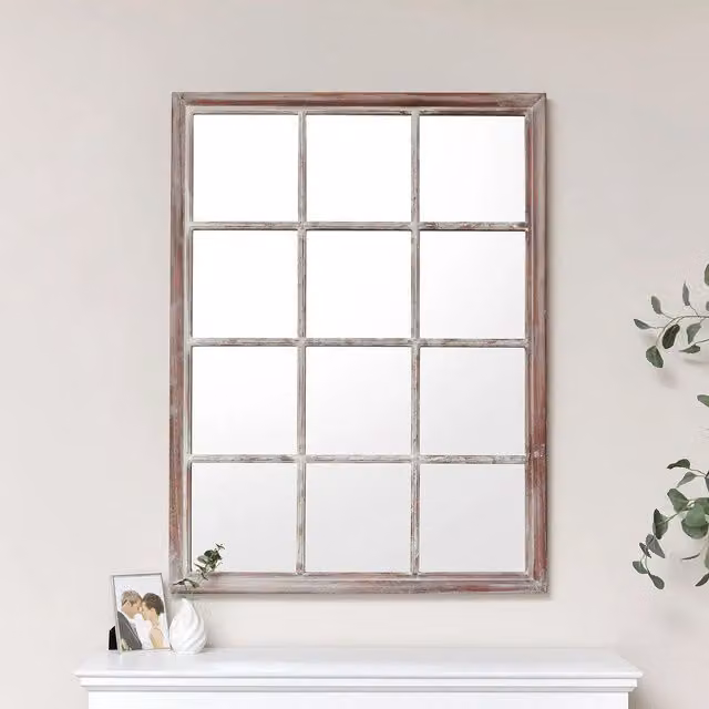 Melody Maison Large Rustic Wooden Window Wall Mirror in Brown, W: 120 cm, H: 90 cm