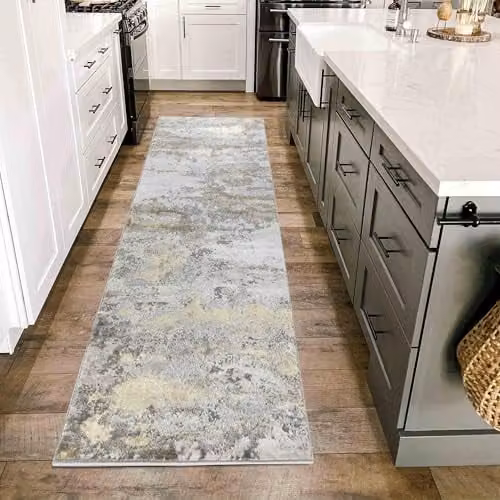 Serdim Rugs Abstract Modern Hallway Runner Rug, Gold and Silver, W: 60 cm, L: 220 cm – 1
