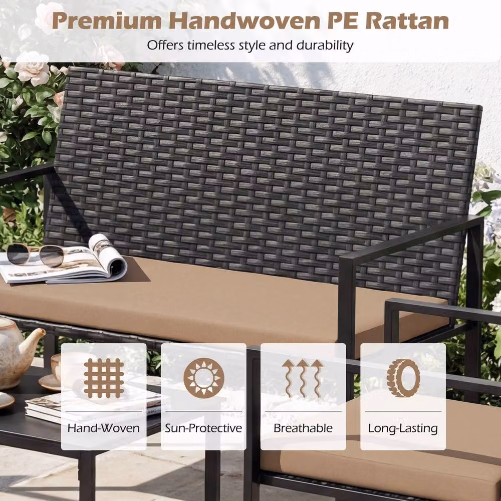 Costway 4-Piece Outdoor Rattan Patio Furniture Set with Loveseat, Armchairs and Coffee Table in Beige – 6